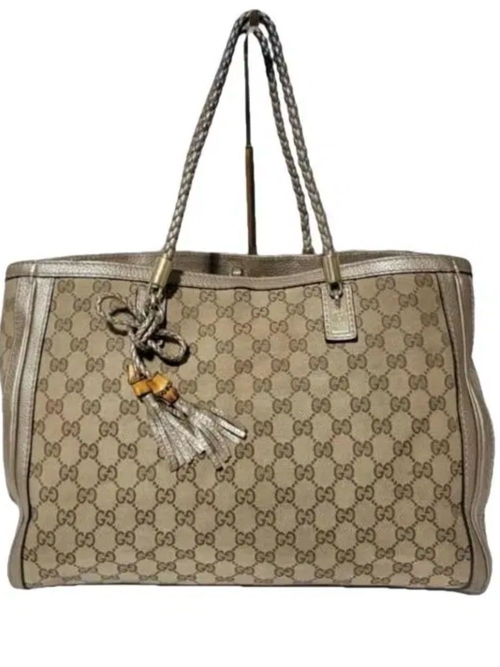Gucci Tan GG Supreme Tote with Tassel Hardware
